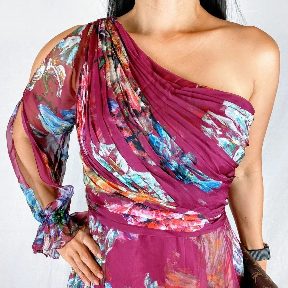 Marchesa Notte Red One-Shoulder Floral Dress $595 - Picture 3 of 12